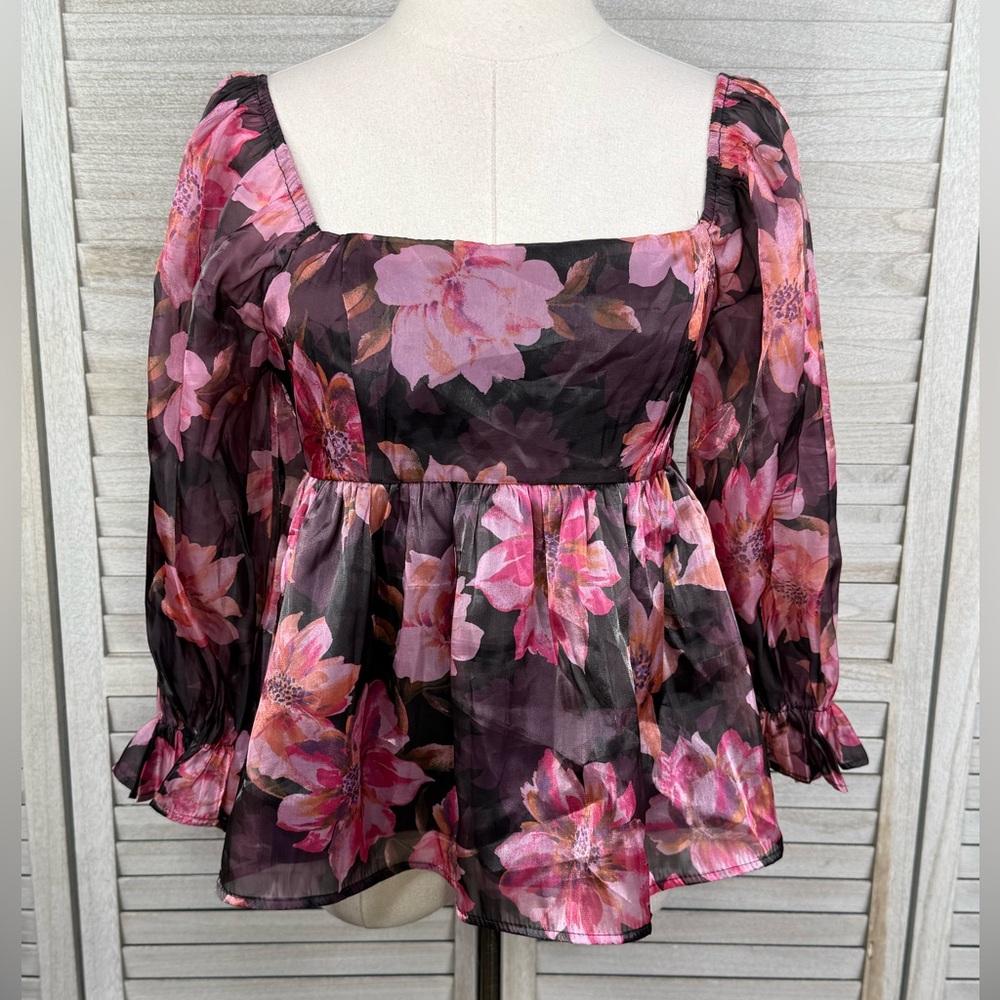 THIRTY THIRTY LA Cropped Floral Babydoll Blouse with Sheer Puff Sleeves-Large